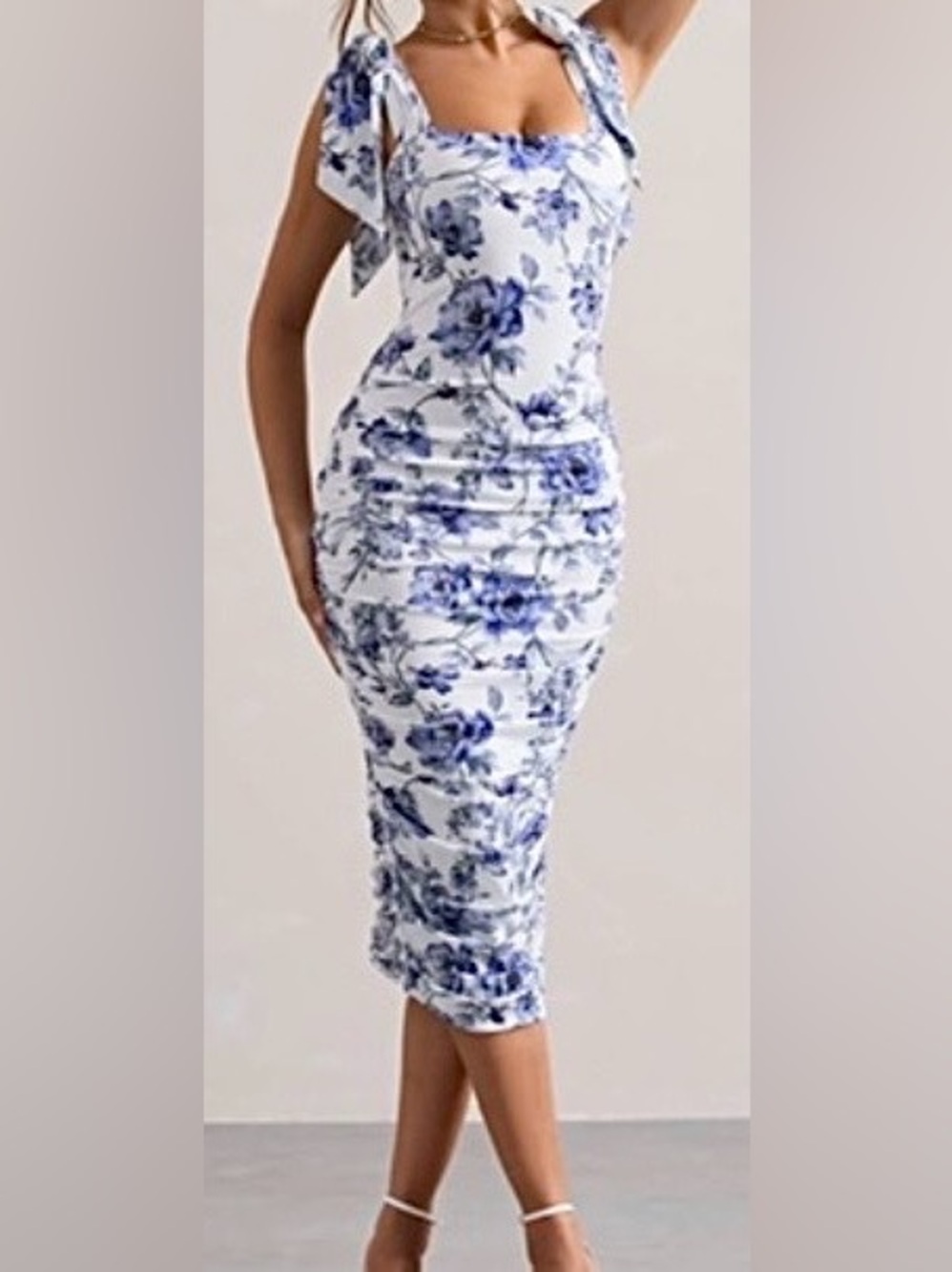 White & Blue Floral Midi Dress - Elegant Ruched Silhouette